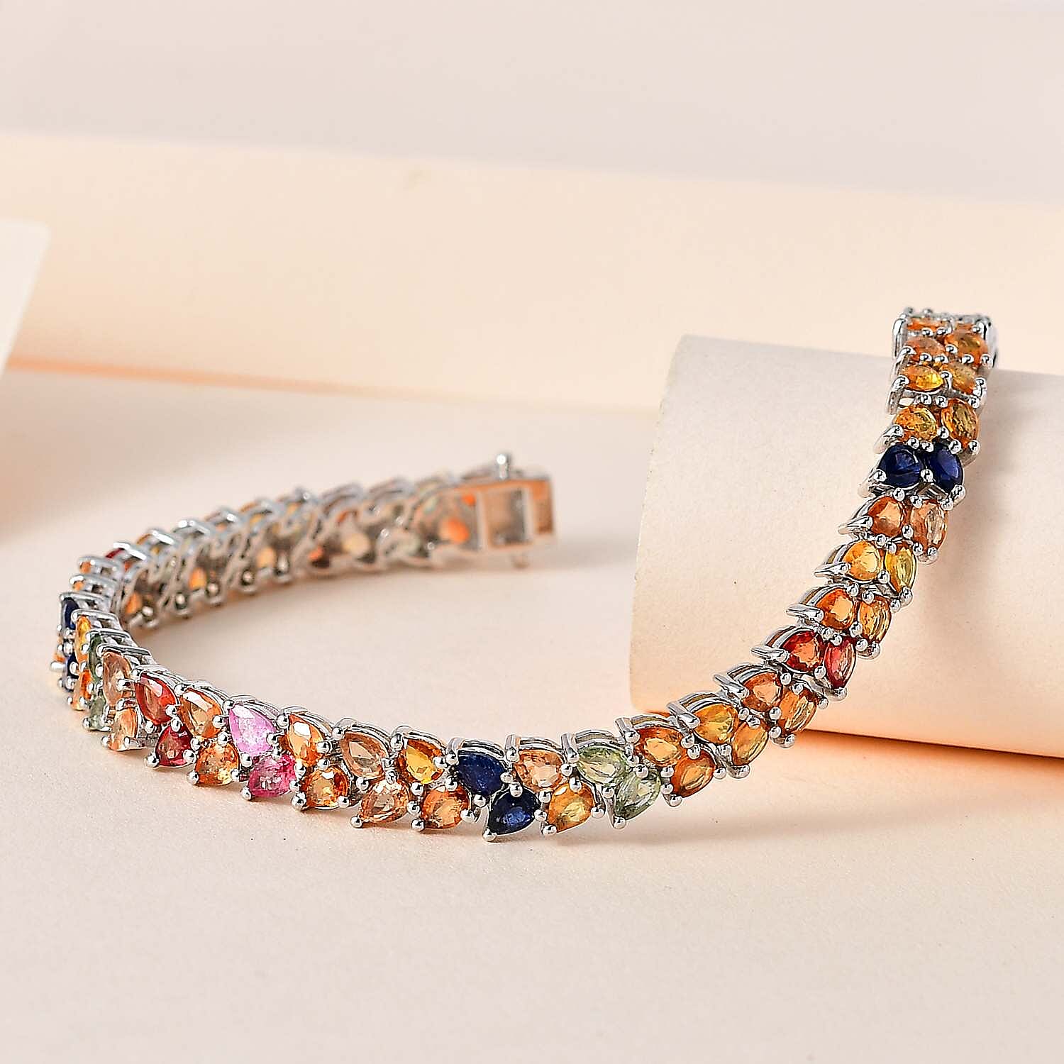 Multi Sapphire Bracelet (Size - 7) in Platinum Overlay Sterling Silver 14.69 Ct, Silver Wt. 12.60 Gms