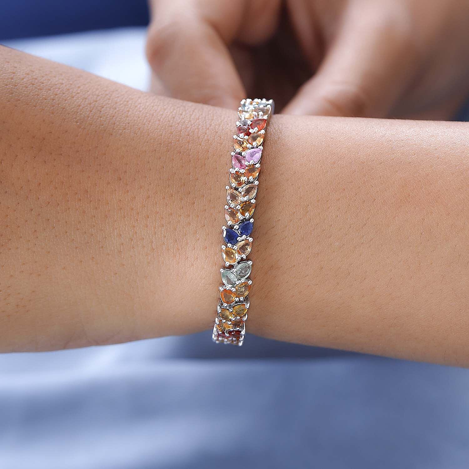 Multi Sapphire Bracelet (Size - 7) in Platinum Overlay Sterling Silver 14.69 Ct, Silver Wt. 12.60 Gms