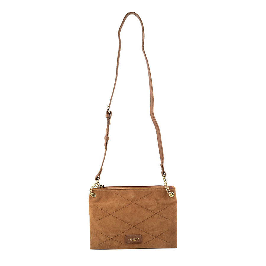 Closeout - Ecotorie Genuine Leather Leopard Printed Crossbody Bag With Chain Shoulder Strap - Cognac