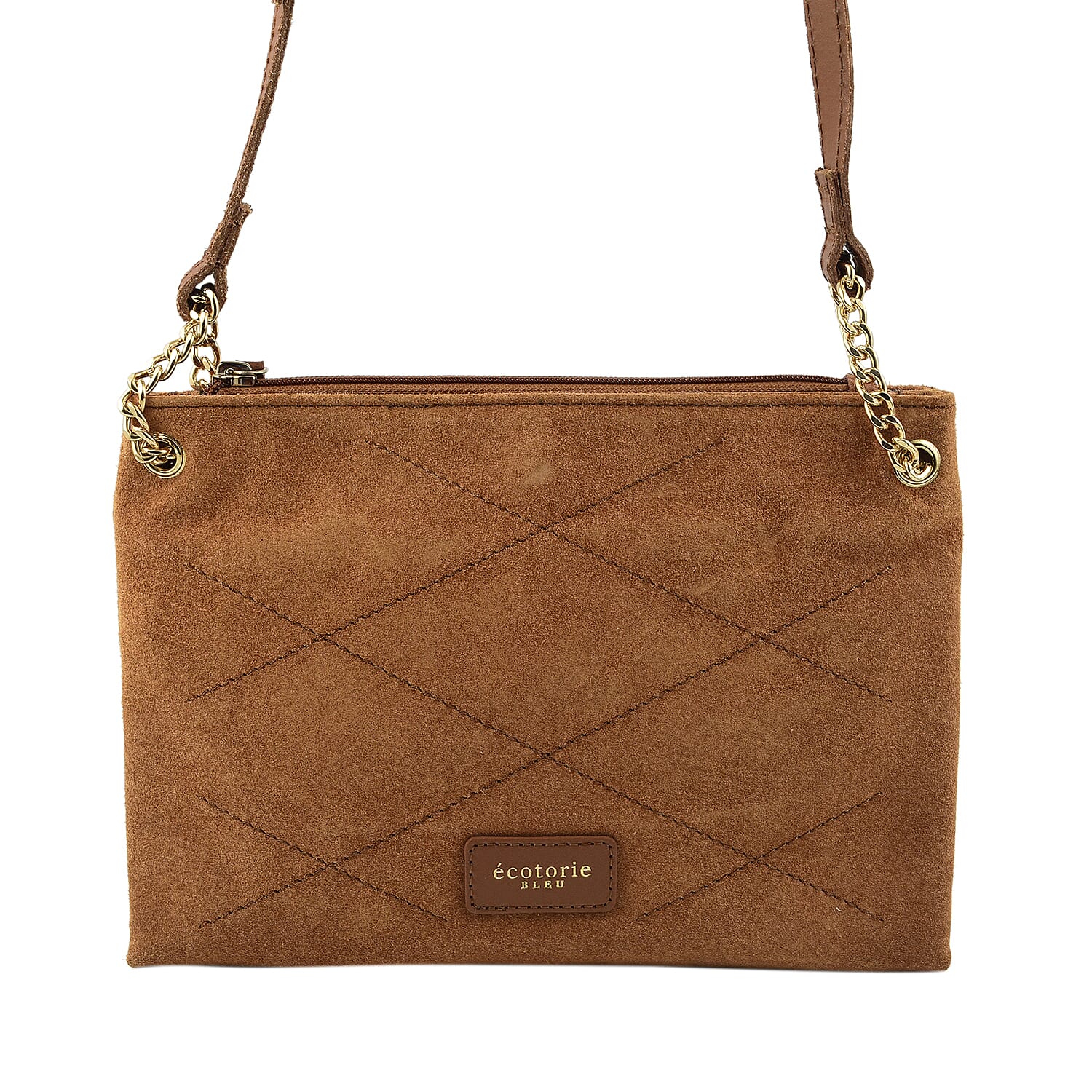 Closeout - Ecotorie Genuine Leather Leopard Printed Crossbody Bag With Chain Shoulder Strap - Cognac