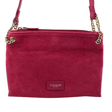 Closeout - Ecotorie Genuine Leather Leopard Printed Crossbody Bag With Chain Shoulder Strap - Fuschia