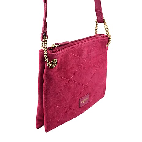 Closeout - Ecotorie Genuine Leather Leopard Printed Crossbody Bag With Chain Shoulder Strap - Fuschia