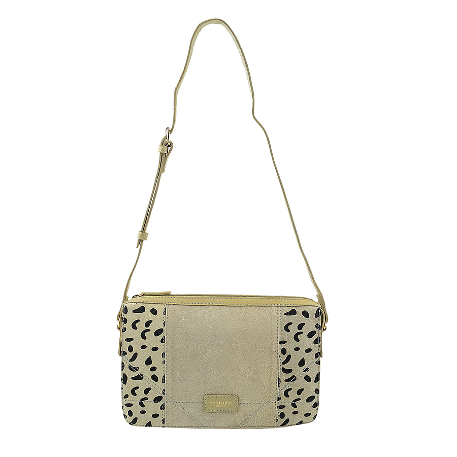 Closeout - Ecotorie Genuine Leather Leopard Printed Crossbody Bag With Shoulder Strap - Beige