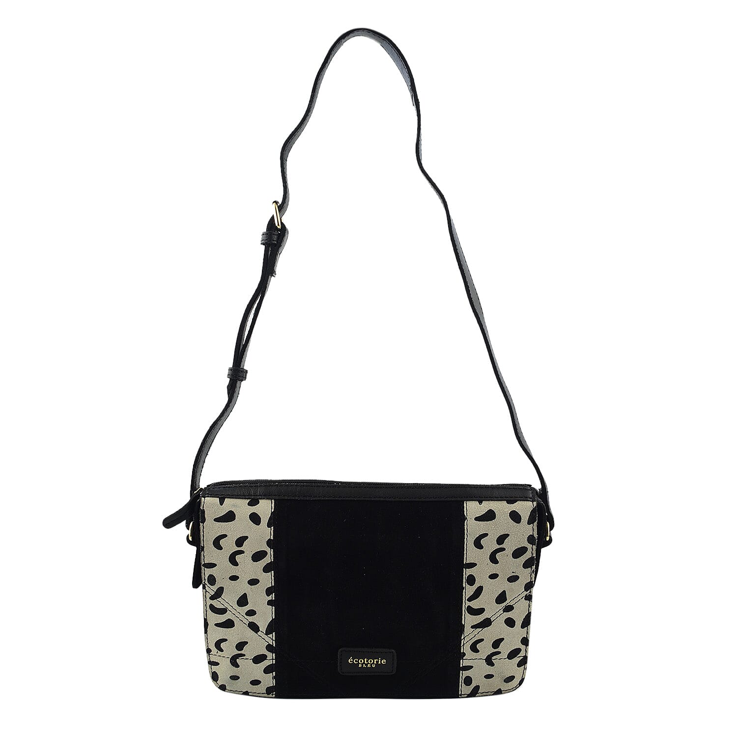 Closeout - Ecotorie Genuine Leather Leopard Printed Crossbody Bag With Shoulder Strap - Black