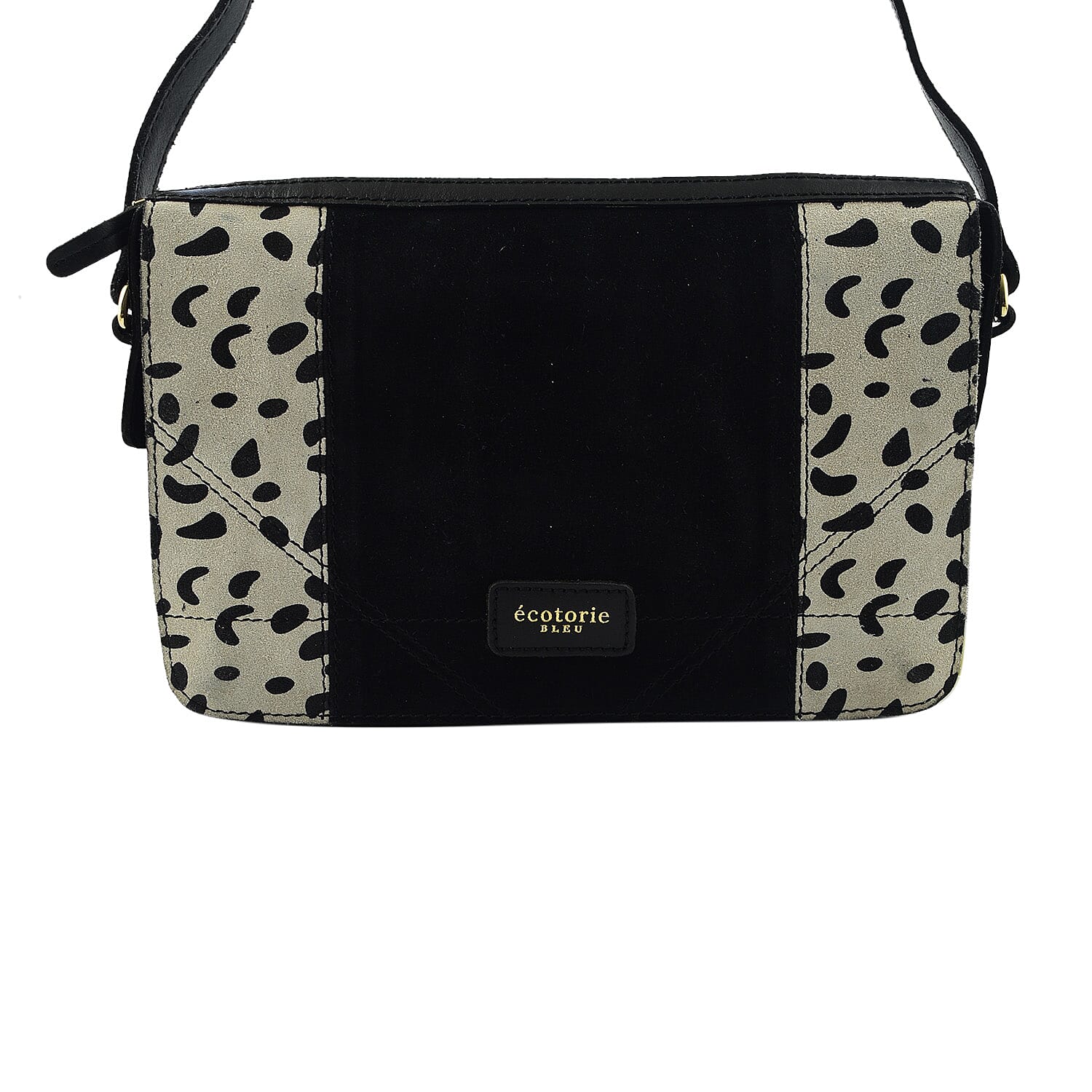 Closeout - Ecotorie Genuine Leather Leopard Printed Crossbody Bag With Shoulder Strap - Black