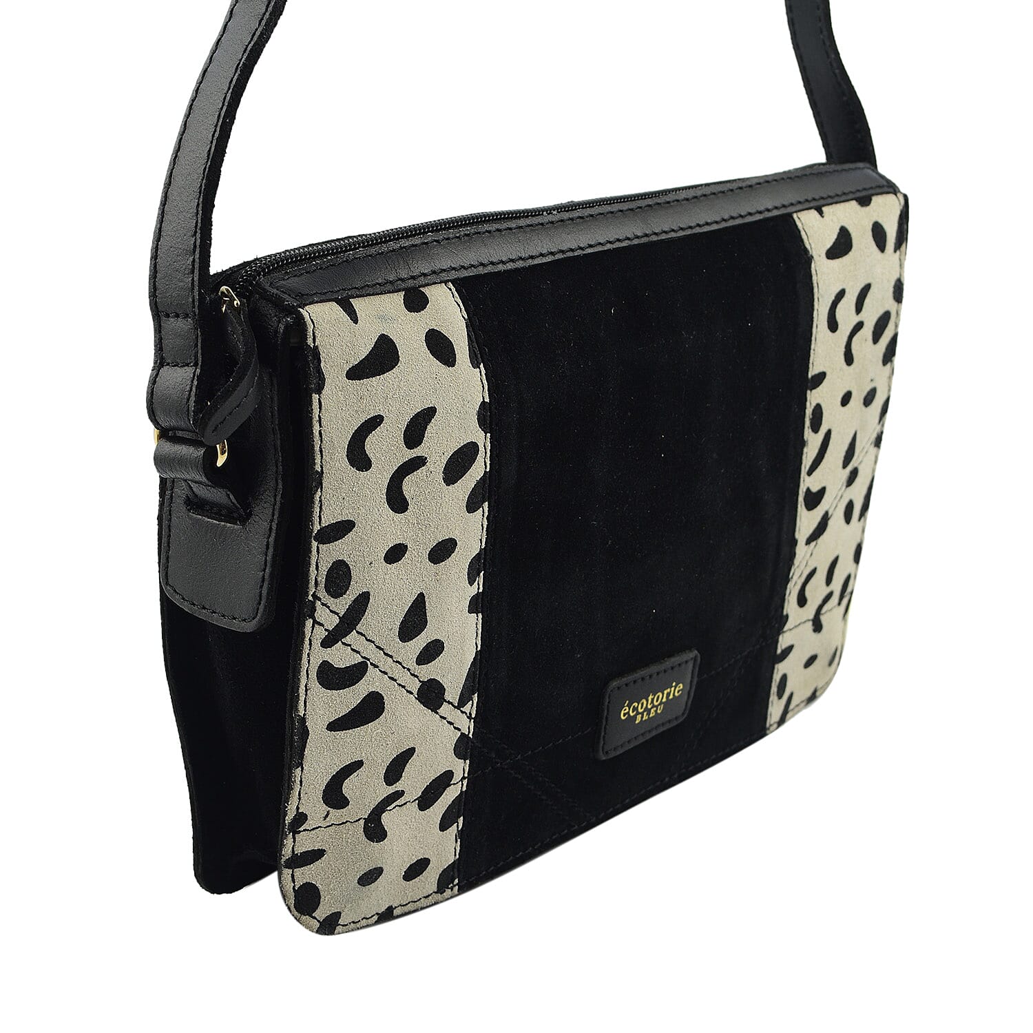 Closeout - Ecotorie Genuine Leather Leopard Printed Crossbody Bag With Shoulder Strap - Black