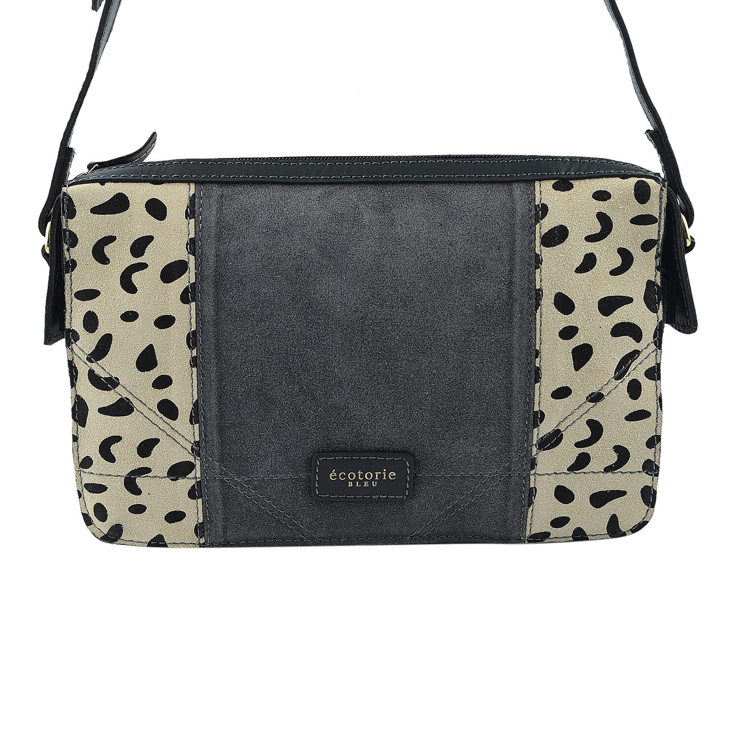 Closeout - Ecotorie Genuine Leather Leopard Printed Crossbody Bag With Shoulder Strap - Navy