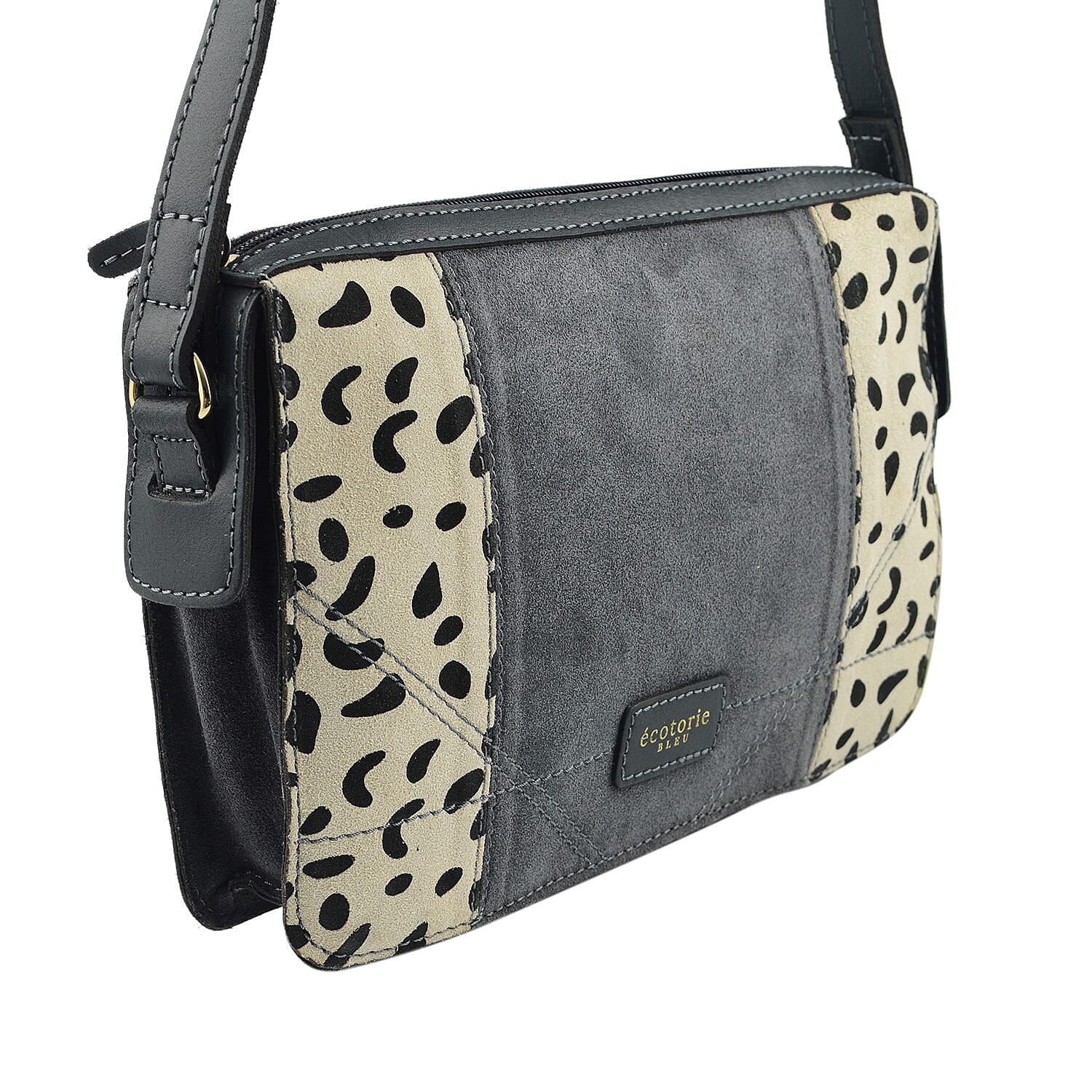 Closeout - Ecotorie Genuine Leather Leopard Printed Crossbody Bag With Shoulder Strap - Navy