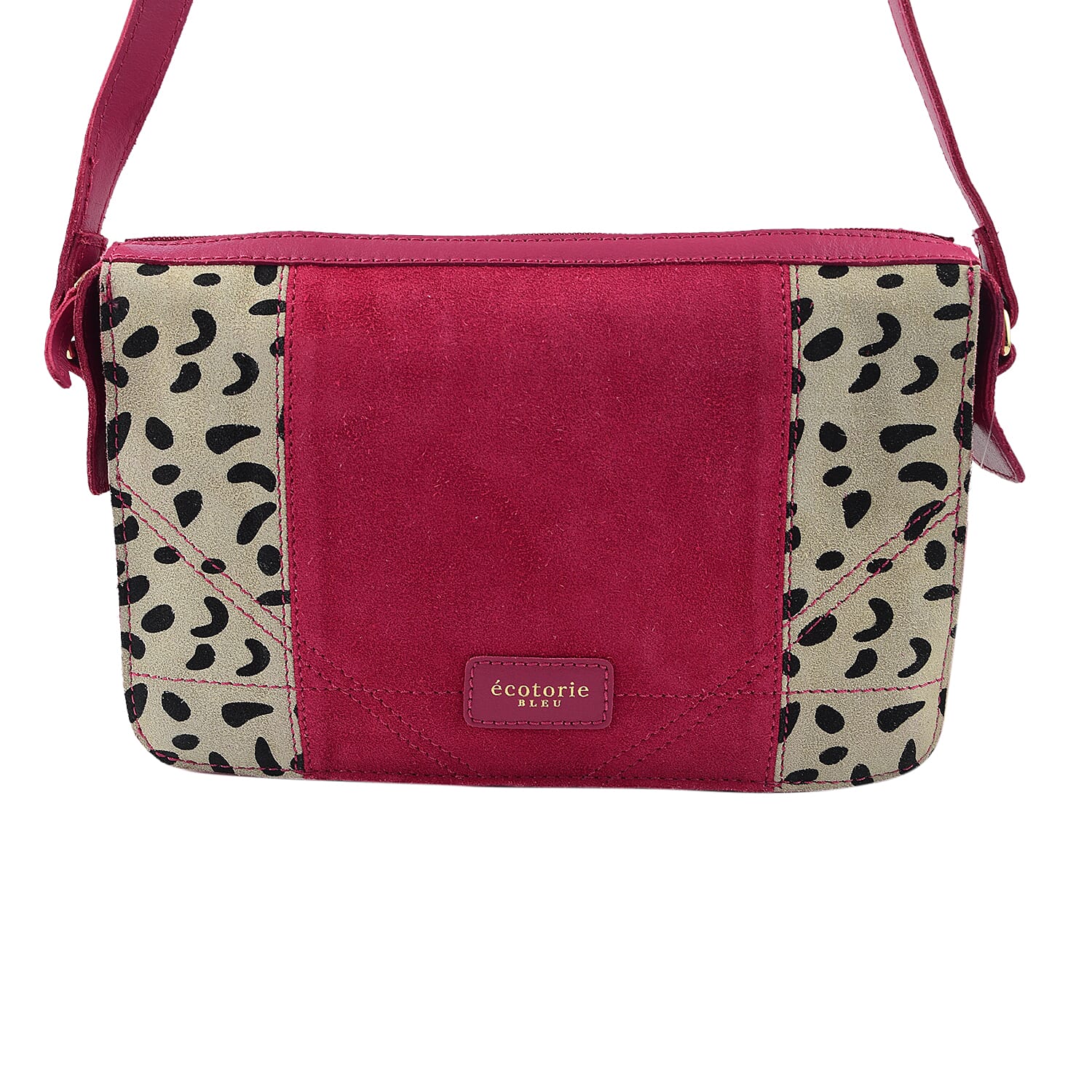 Closeout - Ecotorie Genuine Leather Leopard Printed Crossbody Bag With Shoulder Strap - Fuschia