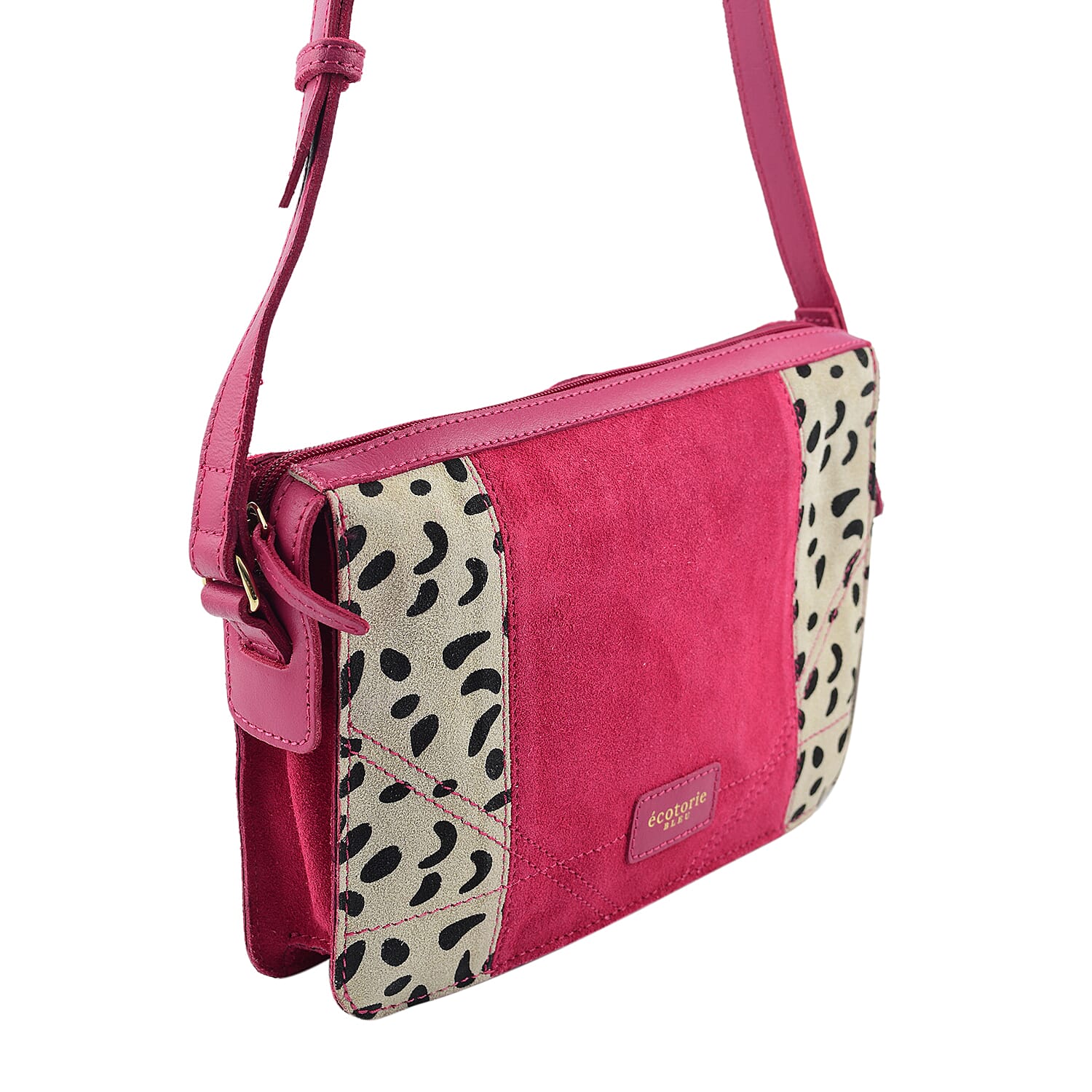 Closeout - Ecotorie Genuine Leather Leopard Printed Crossbody Bag With Shoulder Strap - Fuschia