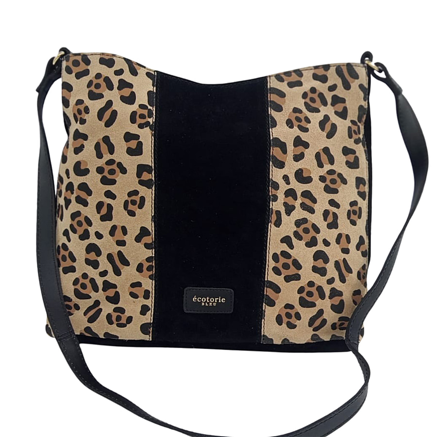 Closeout - Ecotorie Genuine Leather Leopard Printed Crossbody Bag With Shoulder Strap - Black