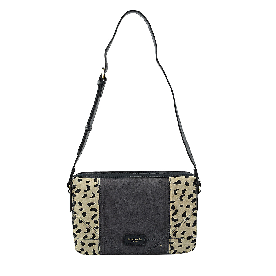 Closeout - Ecotorie Genuine Leather Leopard Printed Crossbody Bag With Shoulder Strap - Navy