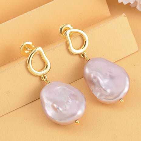 Purple Keshi Pearl Drop Earrings With Push Back in Yellow Gold Plated Sterling Silver