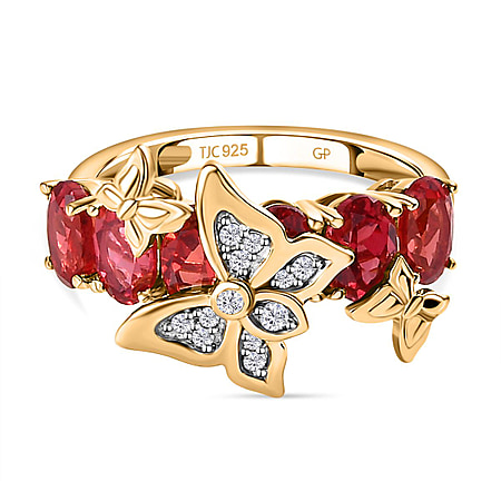 GP Italian Garden Collection - Lab Created Padparadscha Sapphire and Zircon Butterfly Ring in 18K Vermeil Yellow Gold Plated Sterling Silver 4.05 Ct