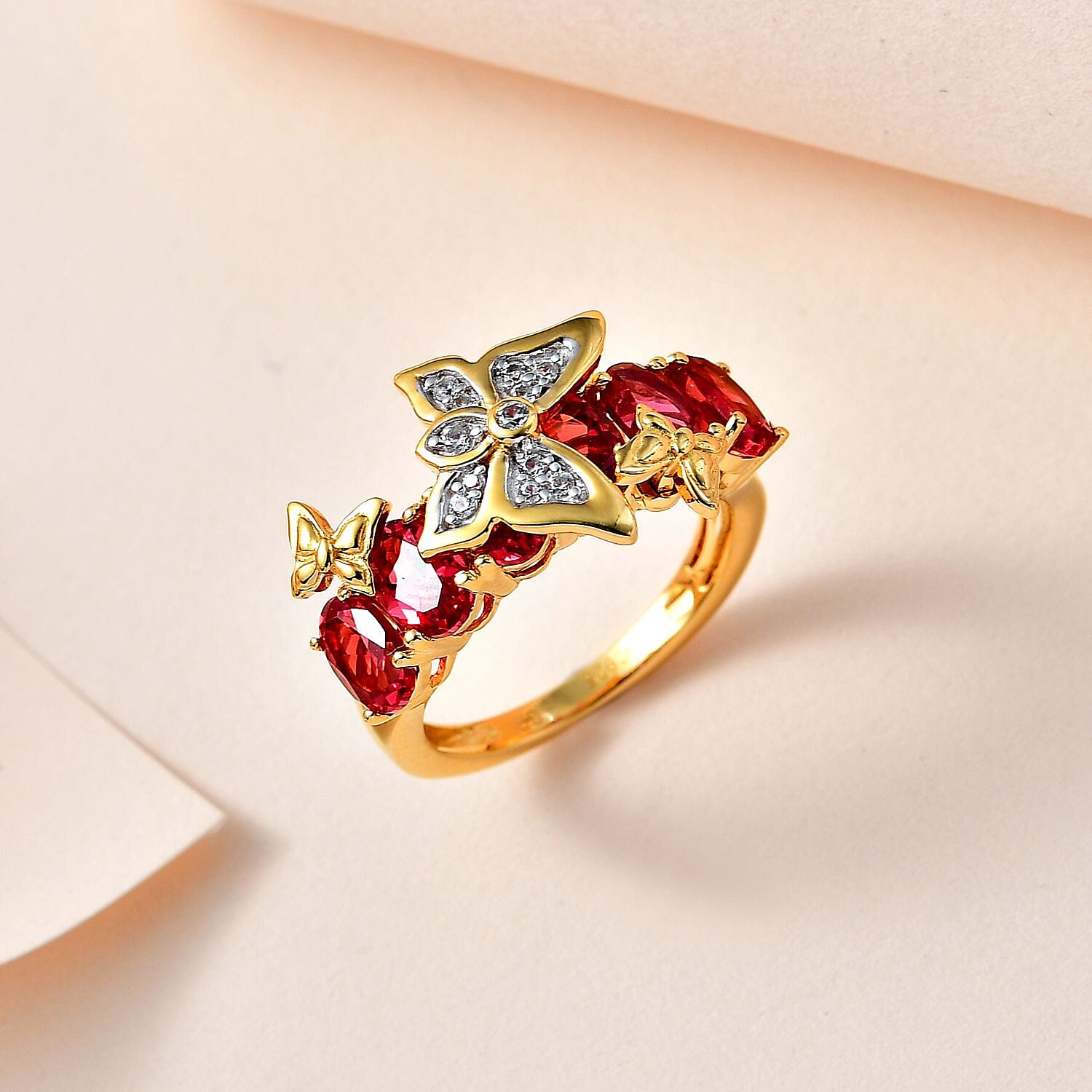 GP Italian Garden Collection - Lab Created Padparadscha Sapphire & Zircon Butterfly Ring in 18K Vermeil Yellow Gold Plated Sterling Silver 3.90 Ct