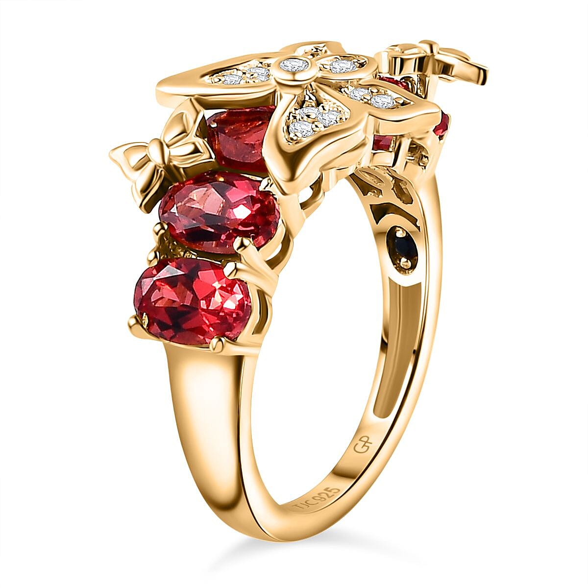 GP Italian Garden Collection - Lab Created Padparadscha Sapphire & Zircon Butterfly Ring in 18K Vermeil Yellow Gold Plated Sterling Silver 3.90 Ct
