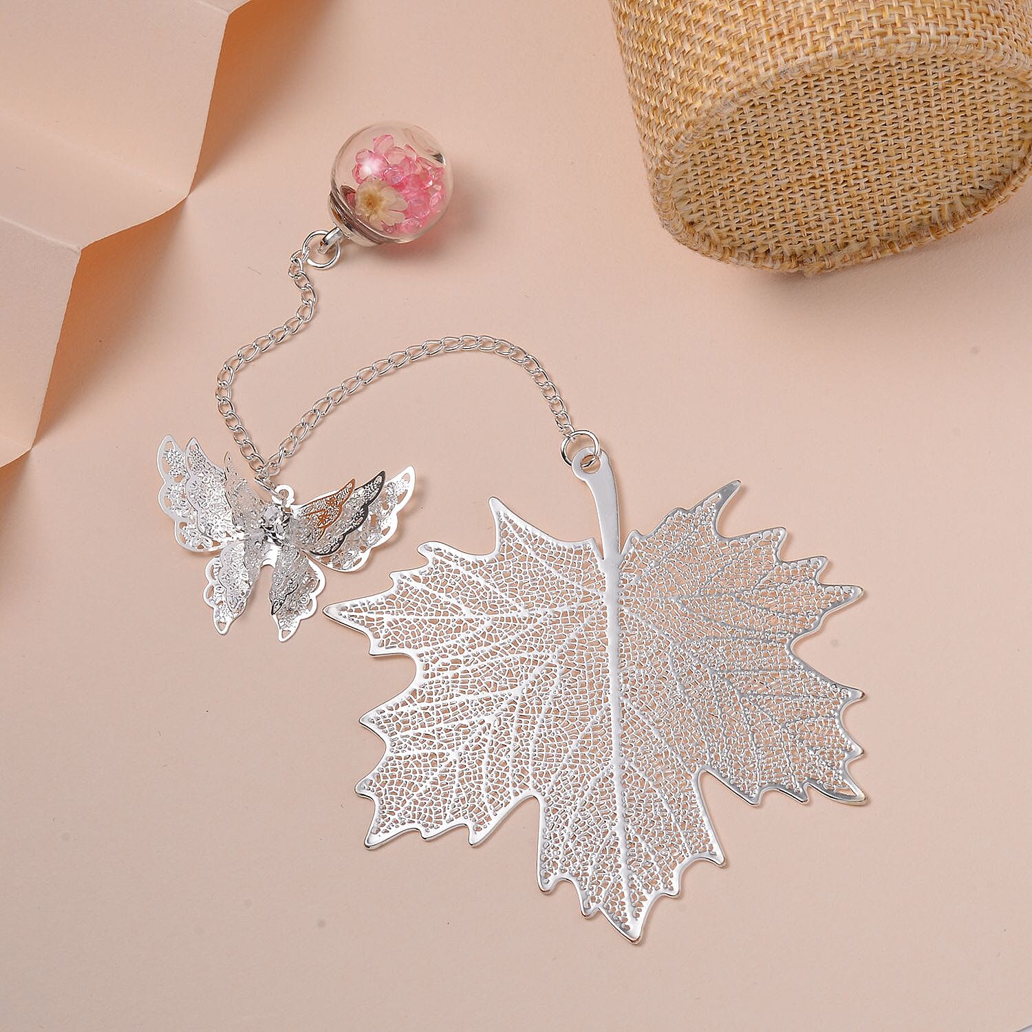 Vintage Metal Feather Bookmark with Realistic 3D Metal Butterfly and Eternal Flower Glass Ball Pendant - Silver