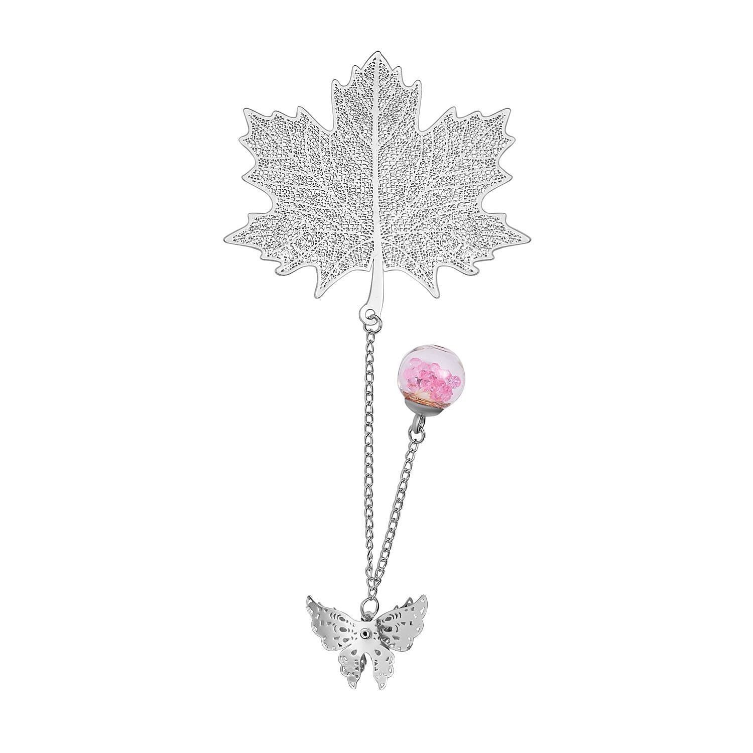 Vintage Metal Feather Bookmark with Realistic 3D Metal Butterfly and Eternal Flower Glass Ball Pendant - Silver