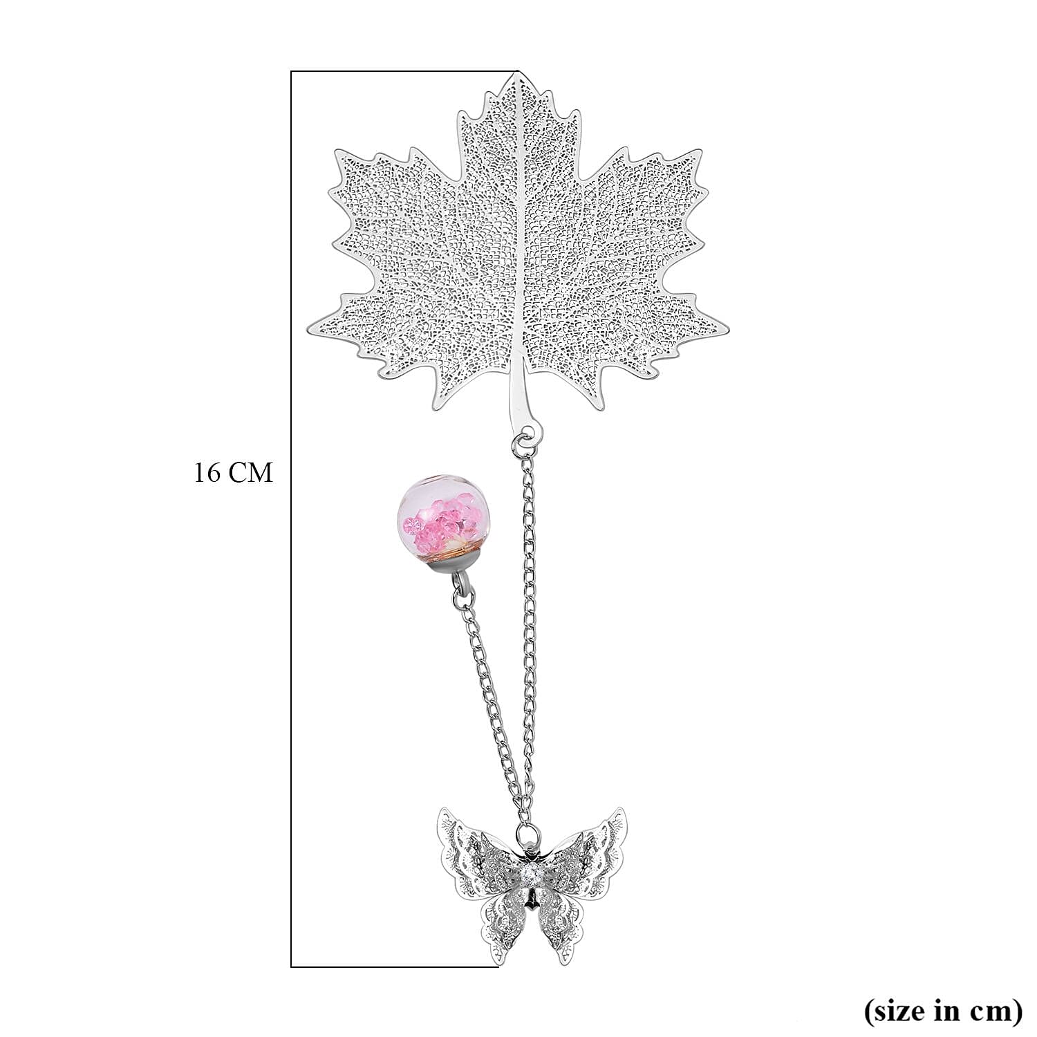 Vintage Metal Feather Bookmark with Realistic 3D Metal Butterfly and Eternal Flower Glass Ball Pendant - Silver