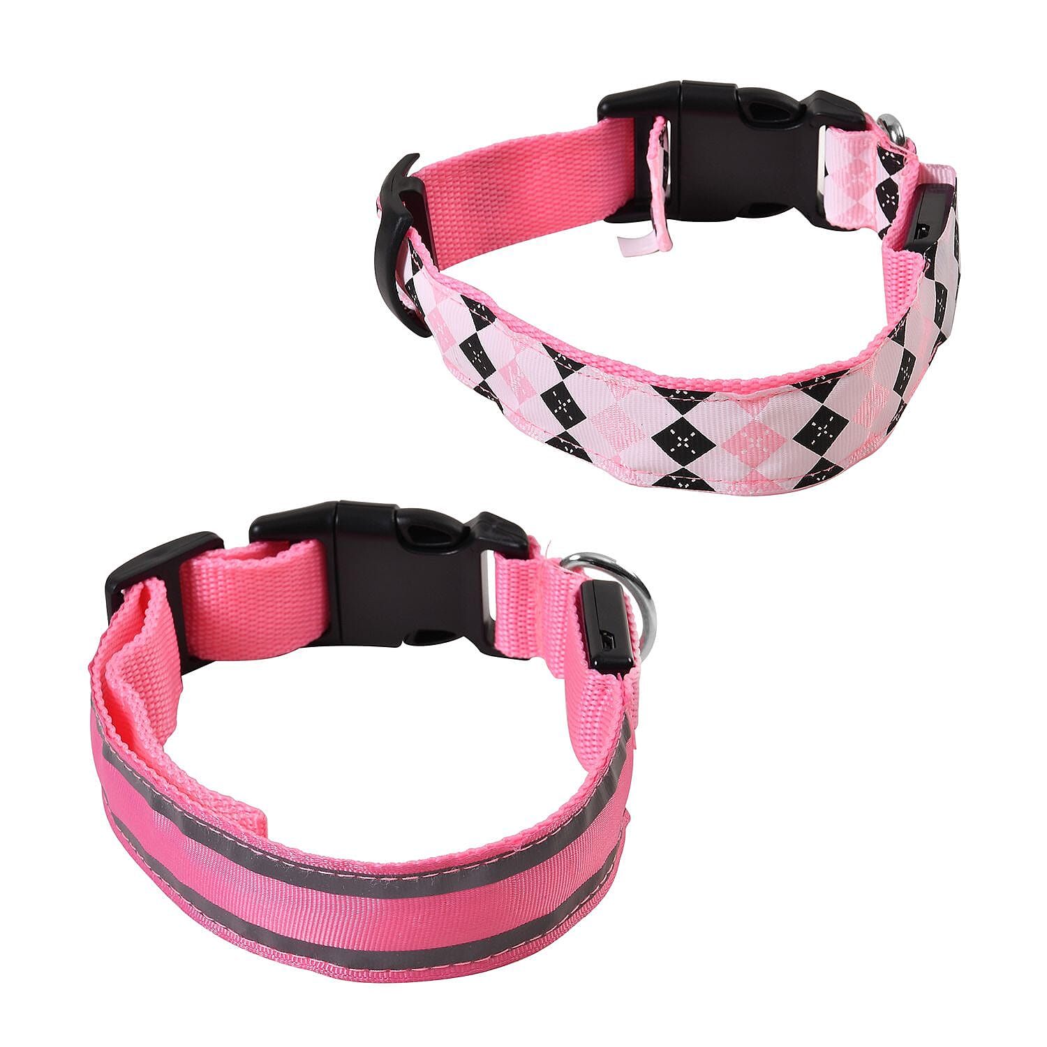 Rechargeable Set of 2 Adjustable LED Lighted Dog Collar with Clip Closure (Size S) - Pink