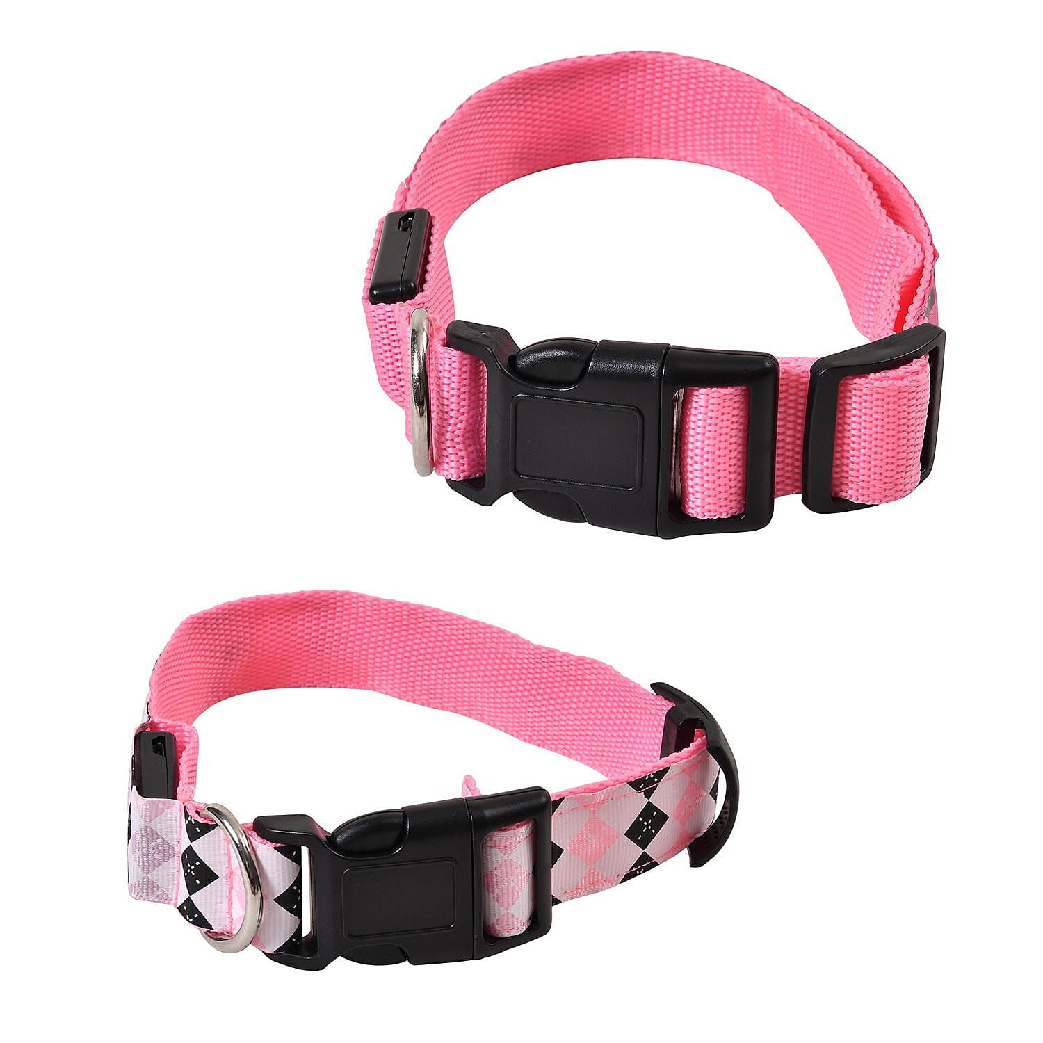 Rechargeable Set of 2 Adjustable LED Lighted Dog Collar with Clip Closure (Size M) - Pink