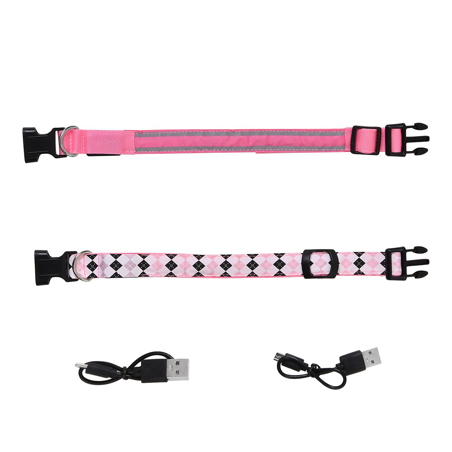 Rechargeable Set of 2 Adjustable LED Lighted Dog Collar with Clip Closure (Size L) - Pink