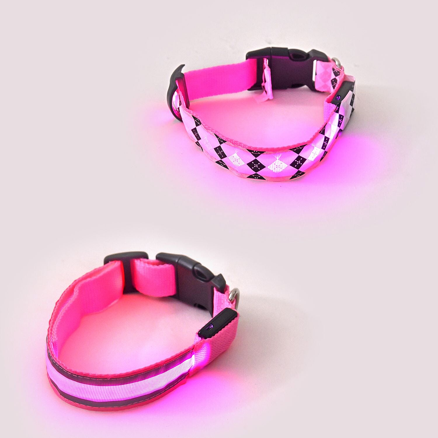 Rechargeable Set of 2 Adjustable LED Lighted Dog Collar with Clip Closure (Size L) - Pink