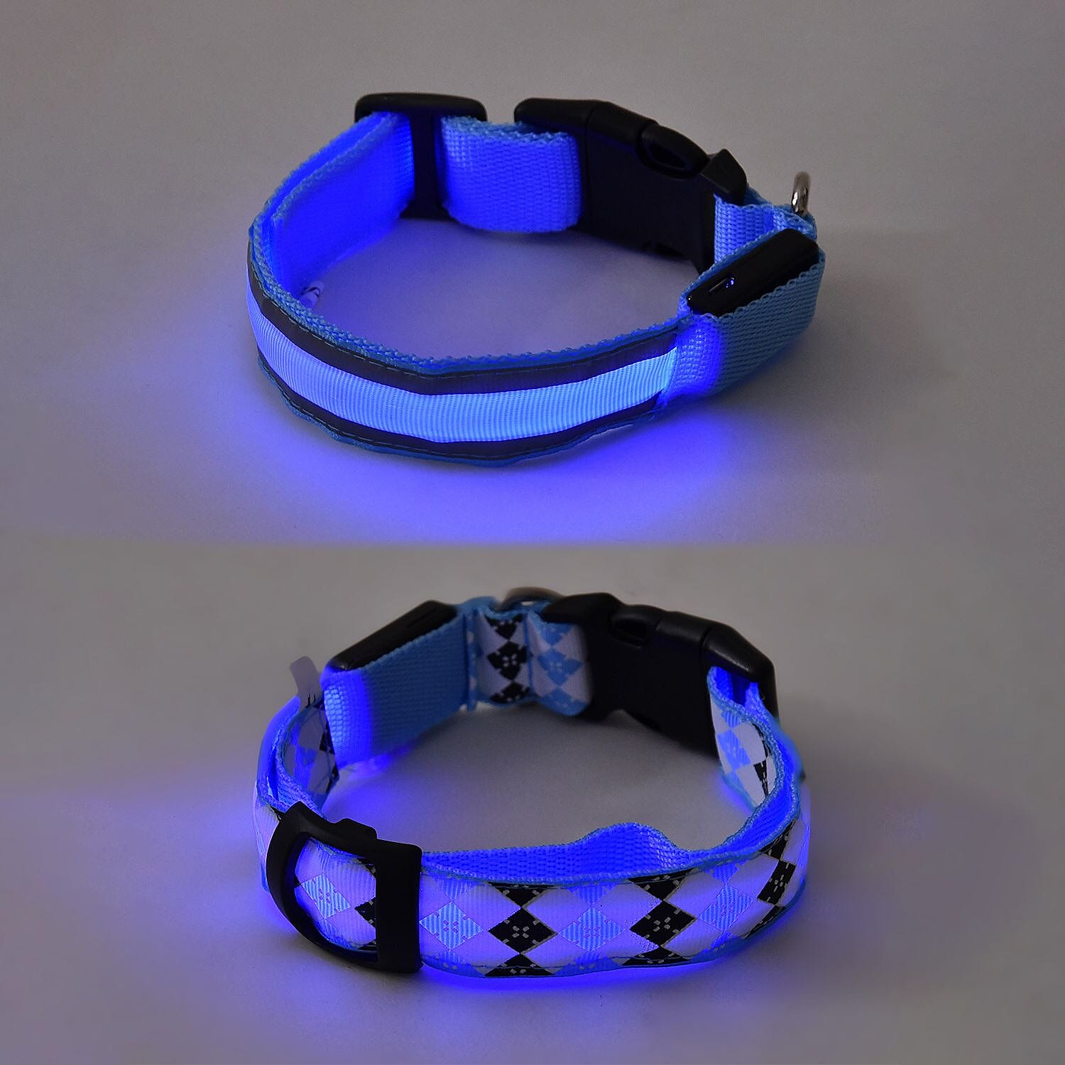 Rechargeable Set of 2 Adjustable LED Lighted Dog Collar with Clip Closure (Size S) - Blue