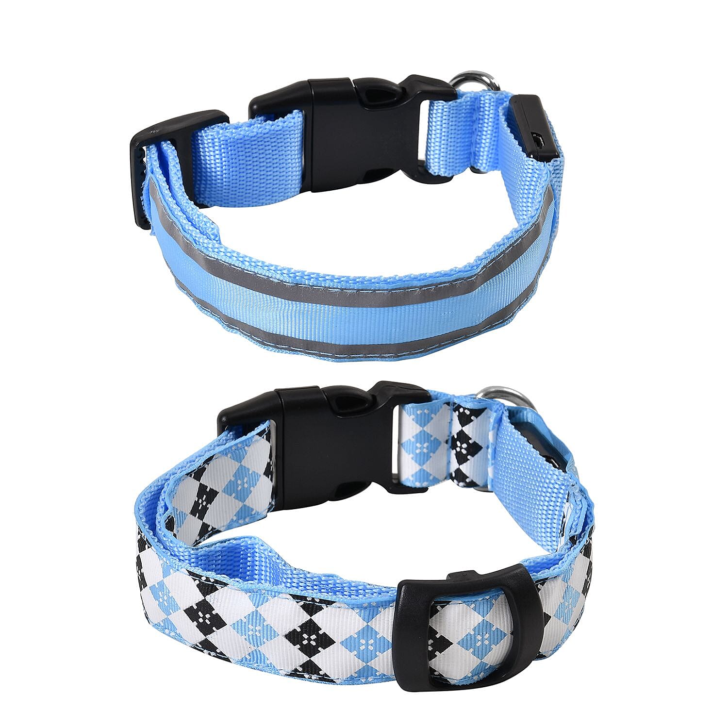 Rechargeable Set of 2 Adjustable LED Lighted Dog Collar with Clip Closure (Size S) - Blue