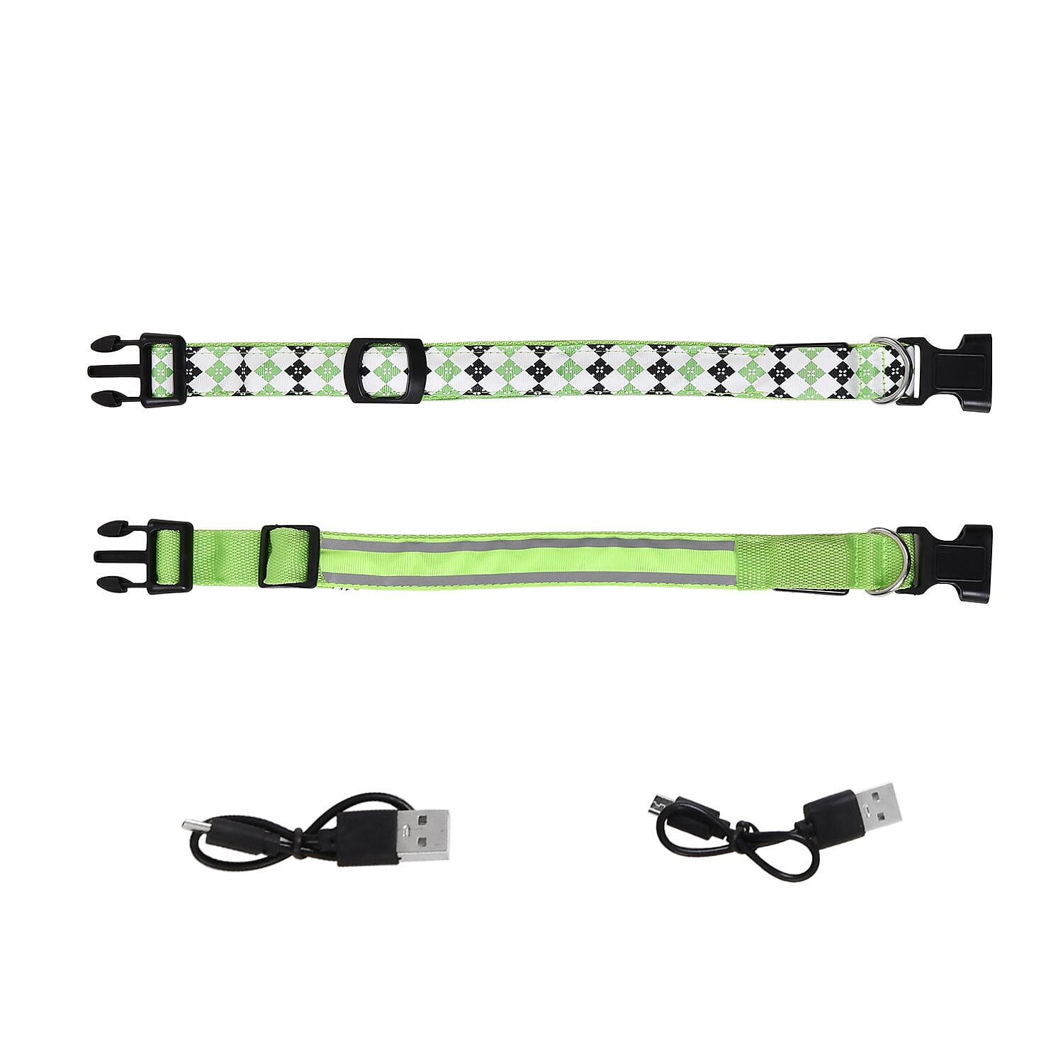 Rechargeable Set of 2 Adjustable LED Lighted Dog Collar with Clip Closure (Size S) - Green