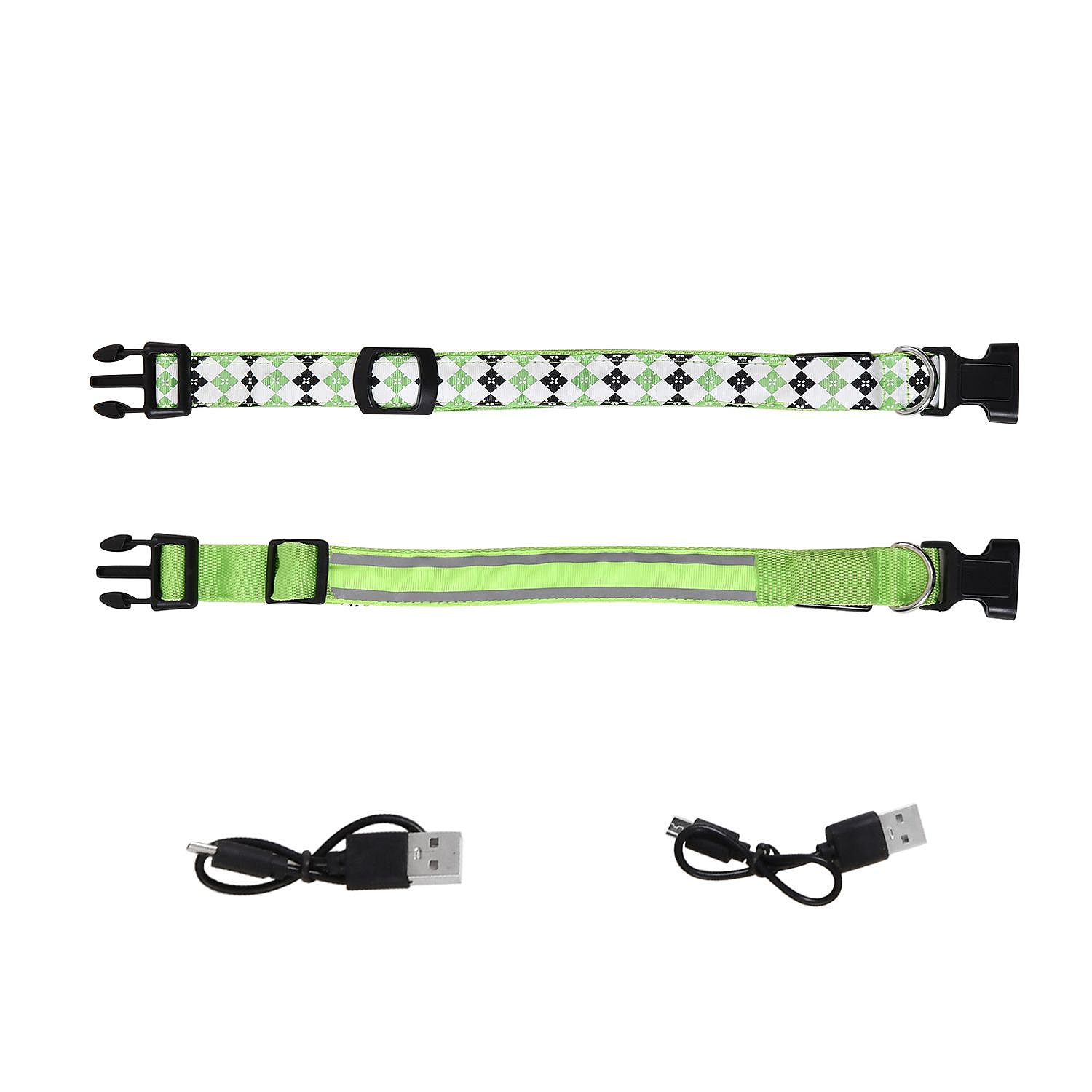 Rechargeable Set of 2 Adjustable LED Lighted Dog Collar with Clip Closure (Size M) - Green
