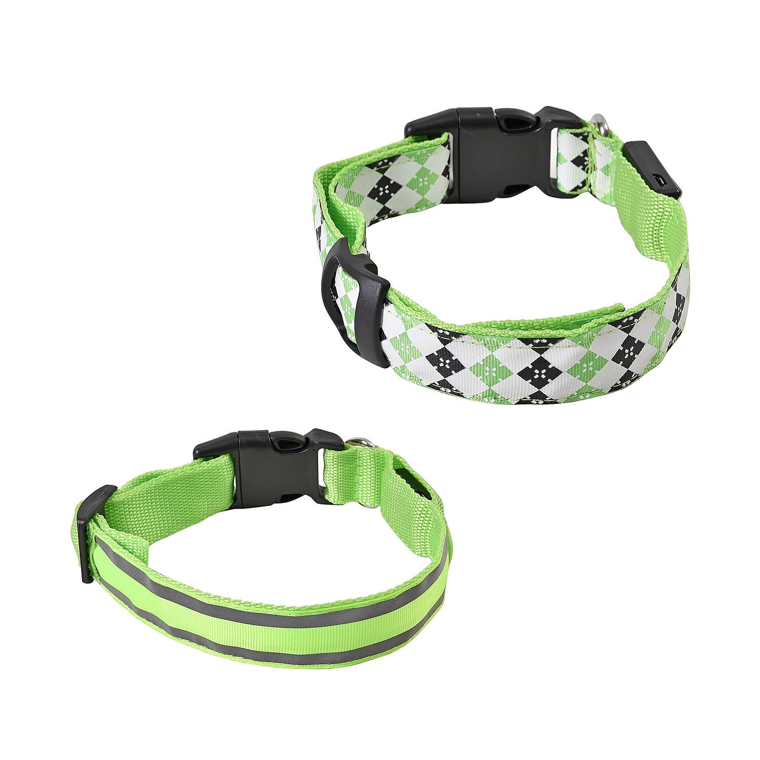 Rechargeable Set of 2 Adjustable LED Lighted Dog Collar with Clip Closure (Size M) - Green