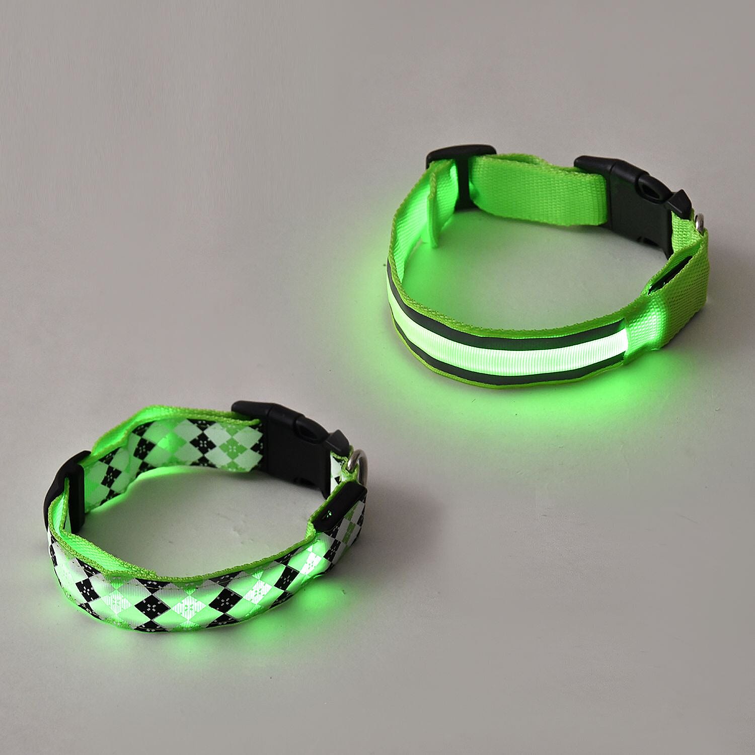 Rechargeable Set of 2 Adjustable LED Lighted Dog Collar with Clip Closure (Size L) - Green