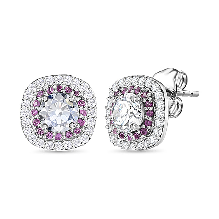 Moissanite & Pink Sapphire Earrings in Platinum Overlay Sterling Silver 1.47 Ct
