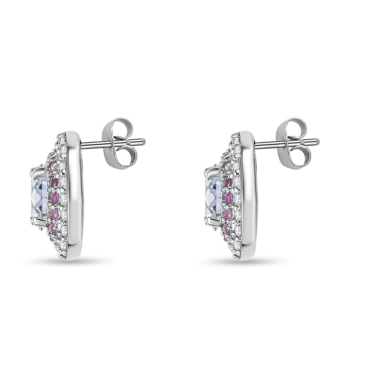 Moissanite & Pink Sapphire Earrings in Platinum Overlay Sterling Silver 1.47 Ct