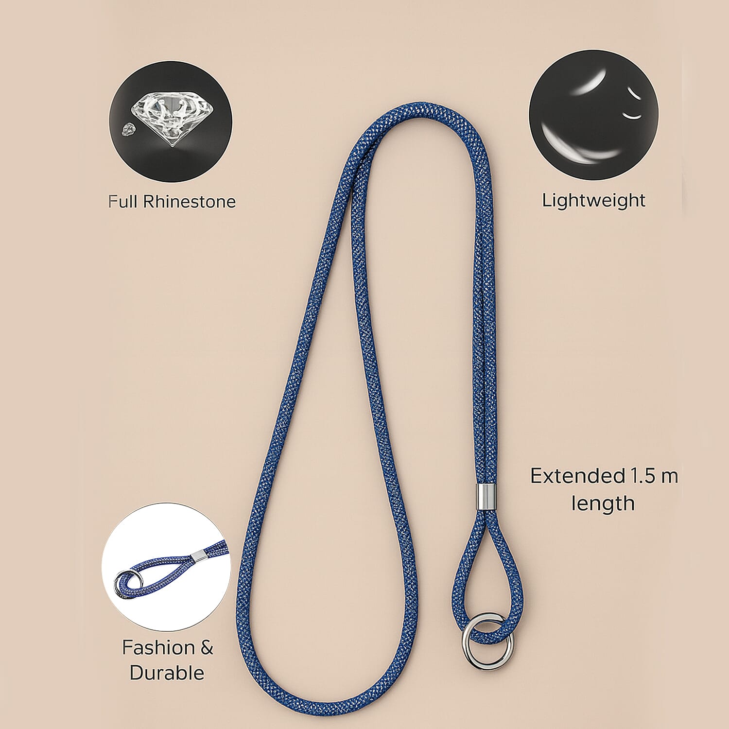 Universal Hanging Neck Phone Strap Decorated with Rhinestones (1.5 m) - Blue