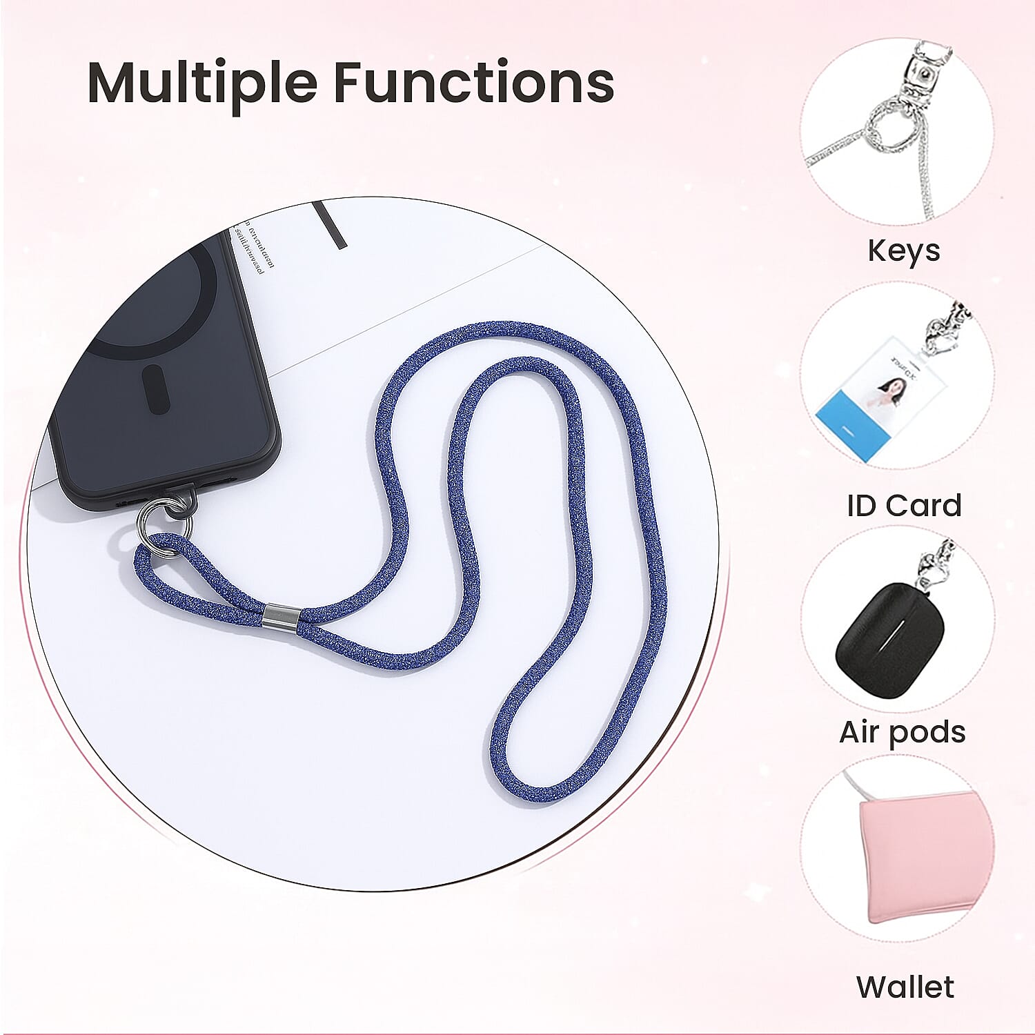 Universal Hanging Neck Phone Strap Decorated with Rhinestones (1.5 m) - Blue