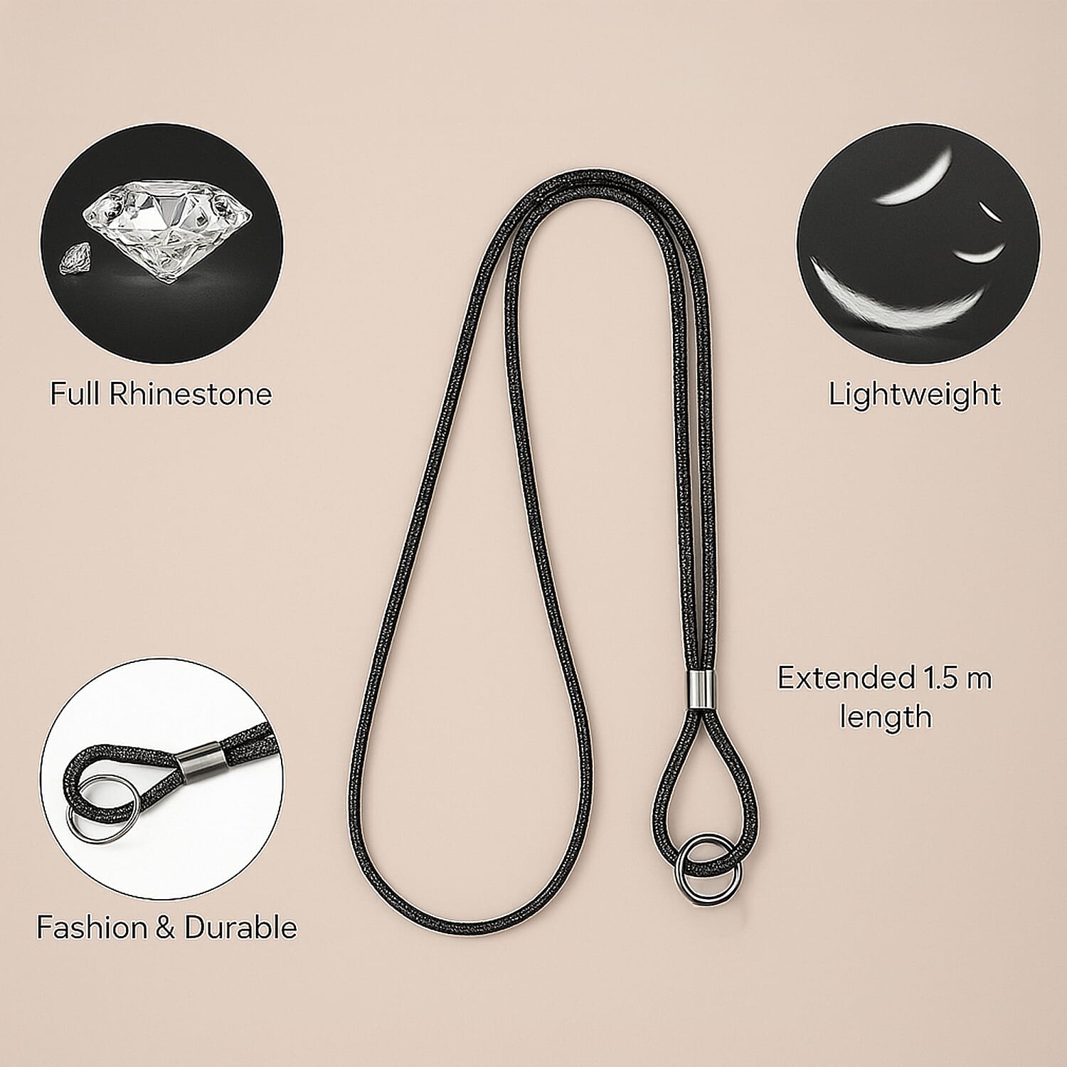 Universal Hanging Neck Phone Strap Decorated with Rhinestones (1.5 m) - Black