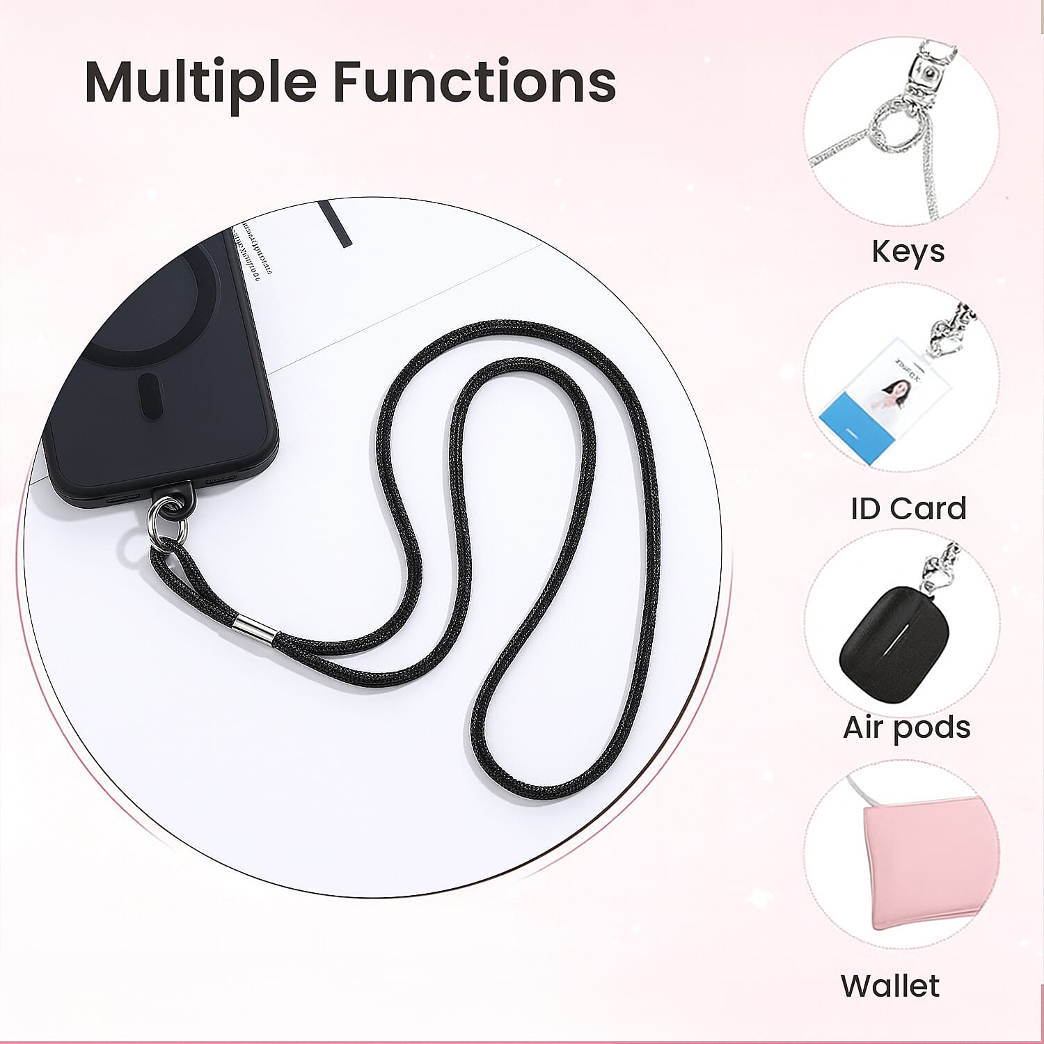 Universal Hanging Neck Phone Strap Decorated with Rhinestones (1.5 m) - Black