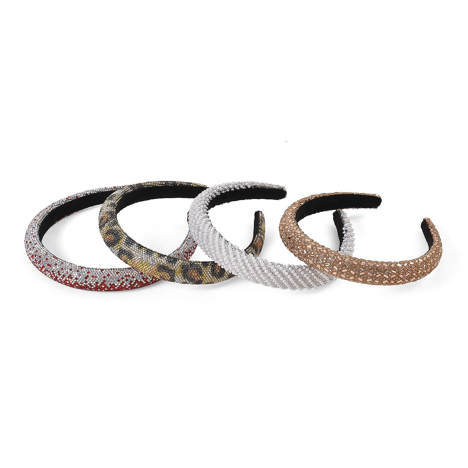 Set of 4 Sparkling Rhinestone Headbands for Women - Red, Black, Brown & Silver