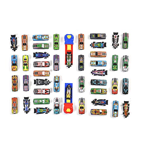 One Time Close Out Deal- Set of 44 Pieces Metal Car Toys - 2 Pieces Launcher (Size 47x36 cm)