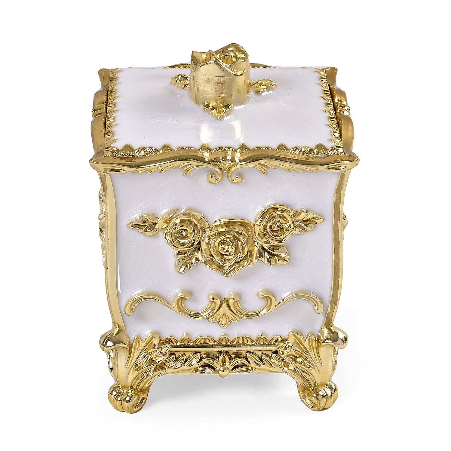 3-D Rose Themed Acrylic Storage Box with Cotton Swab Holder (Size 12x9x9 cm) - White - Gold