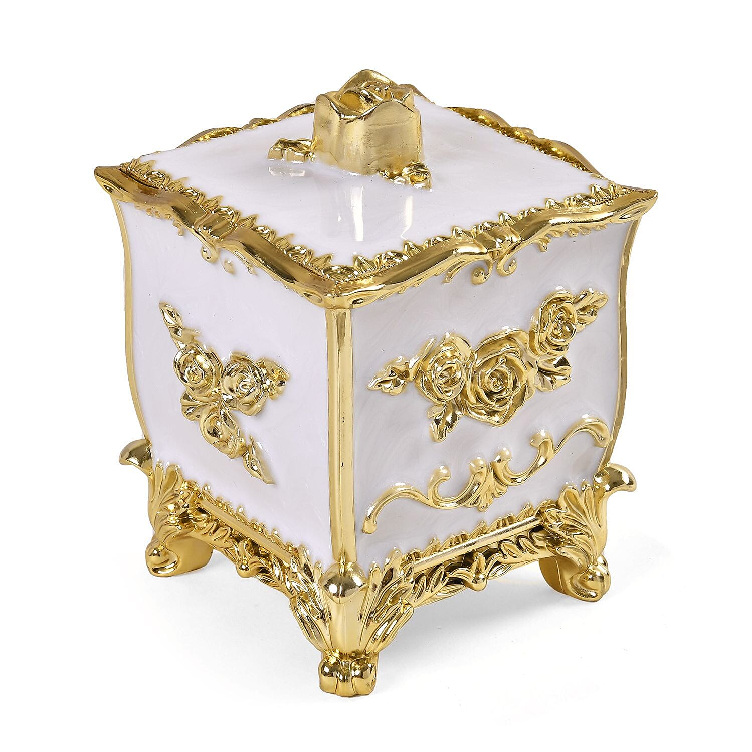 3-D Rose Themed Acrylic Storage Box with Cotton Swab Holder (Size 12x9x9 cm) - White - Gold