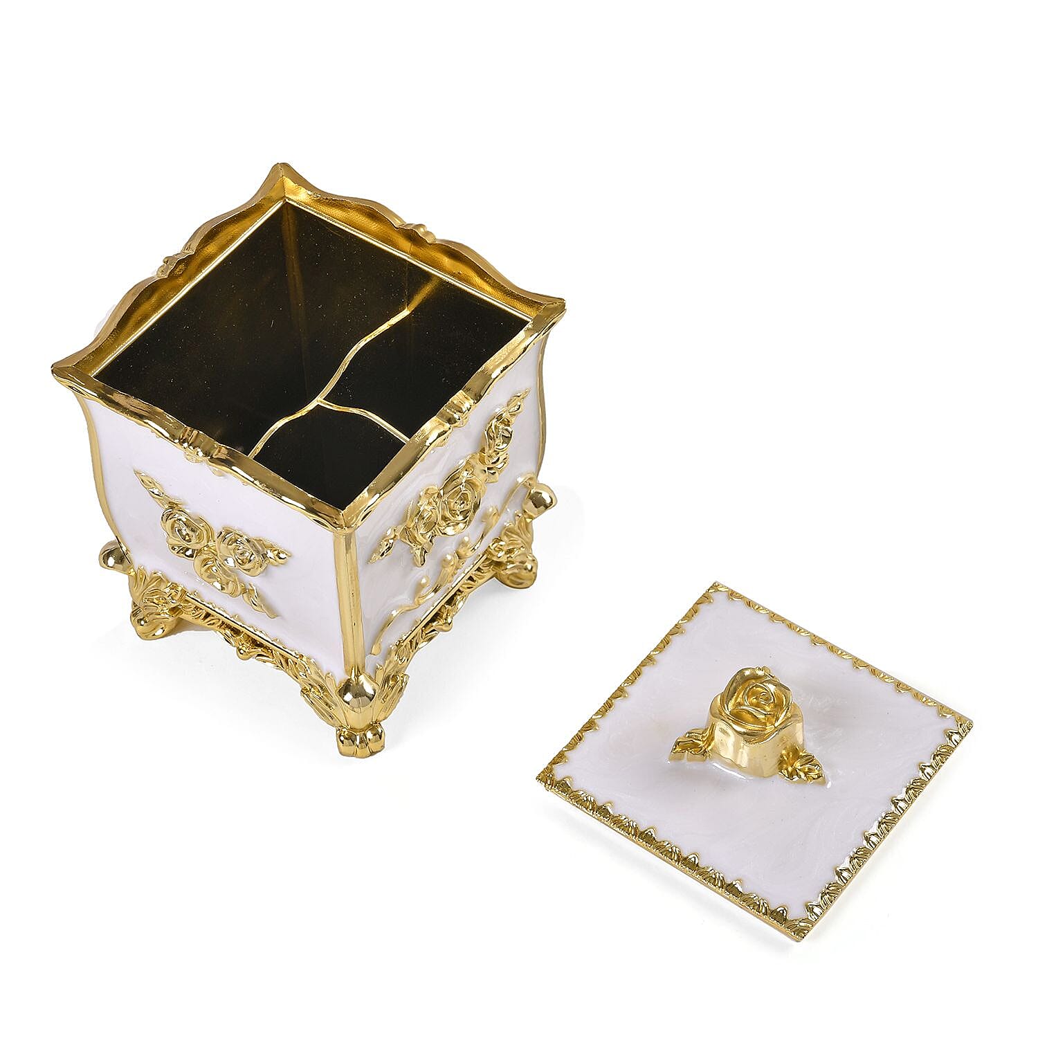 3-D Rose Themed Acrylic Storage Box with Cotton Swab Holder (Size 12x9x9 cm) - White - Gold