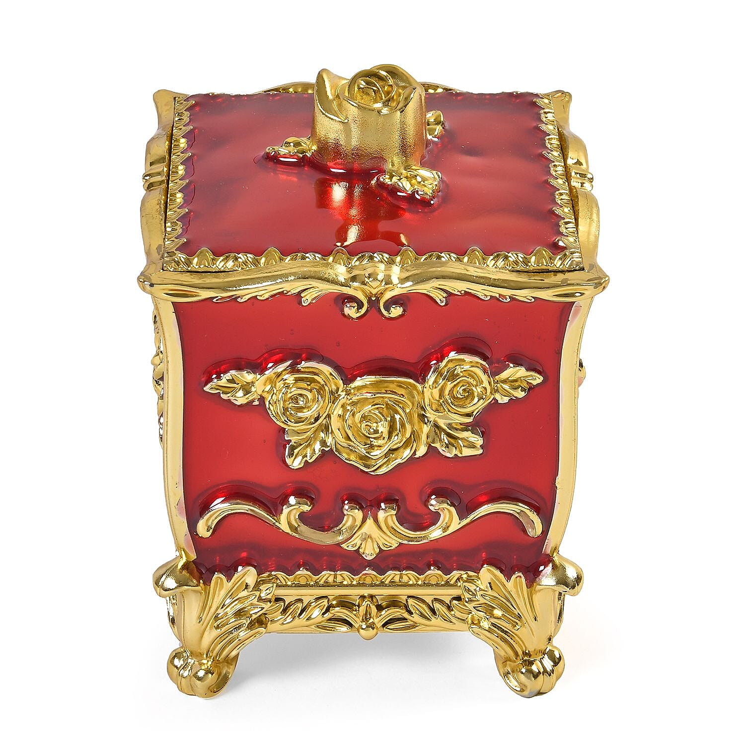 3-D Rose Themed Acrylic Storage Box with Cotton Swab Holder (Size 12x9x9 cm) - Red - Gold