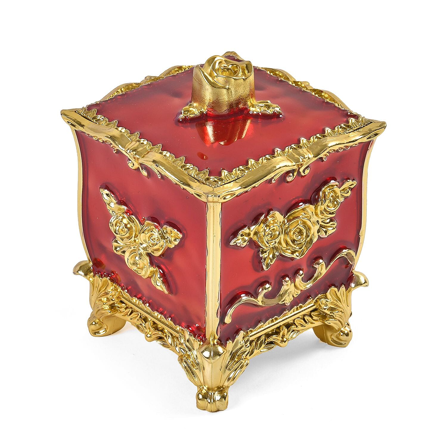 3-D Rose Themed Acrylic Storage Box with Cotton Swab Holder (Size 12x9x9 cm) - Red - Gold