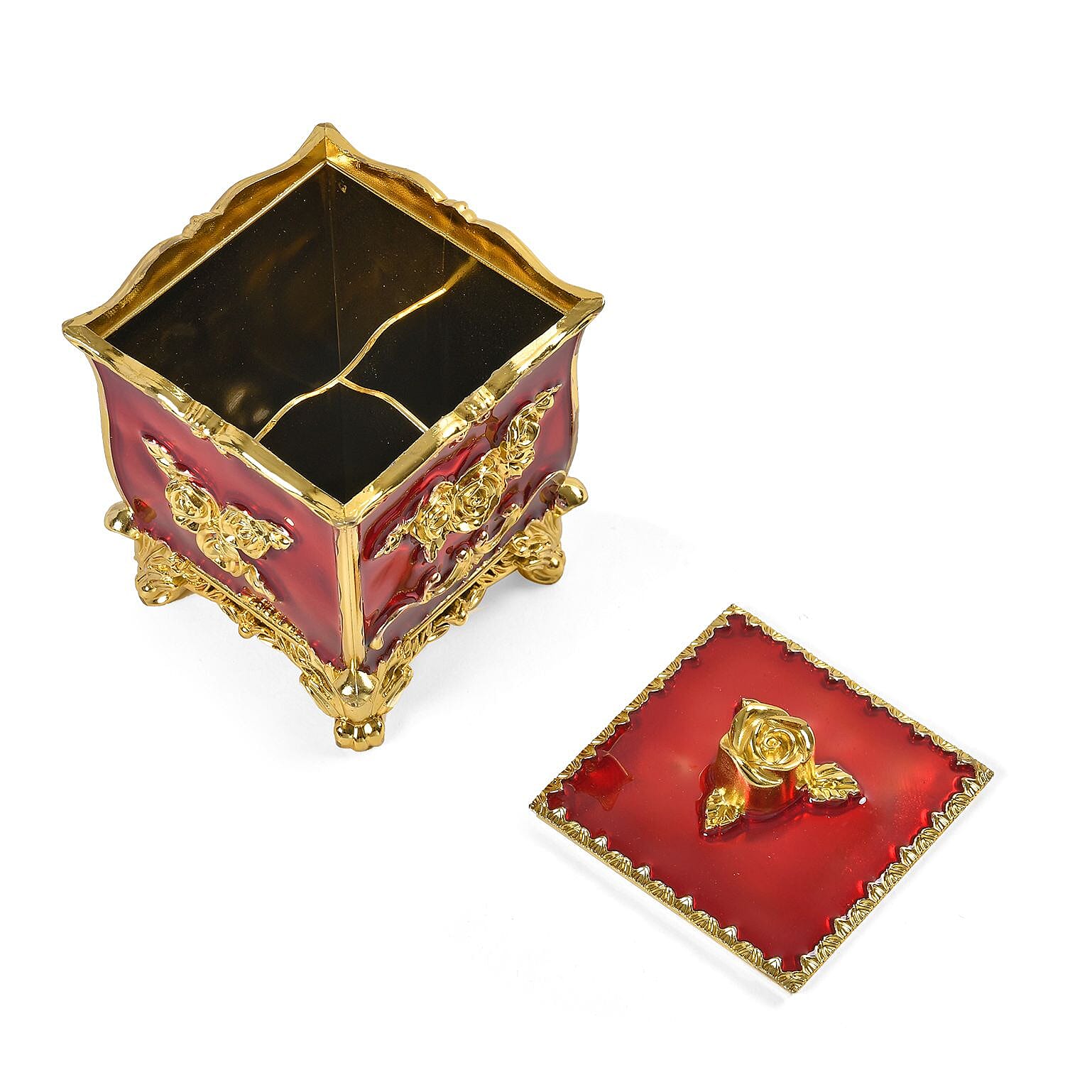 3-D Rose Themed Acrylic Storage Box with Cotton Swab Holder (Size 12x9x9 cm) - Red - Gold