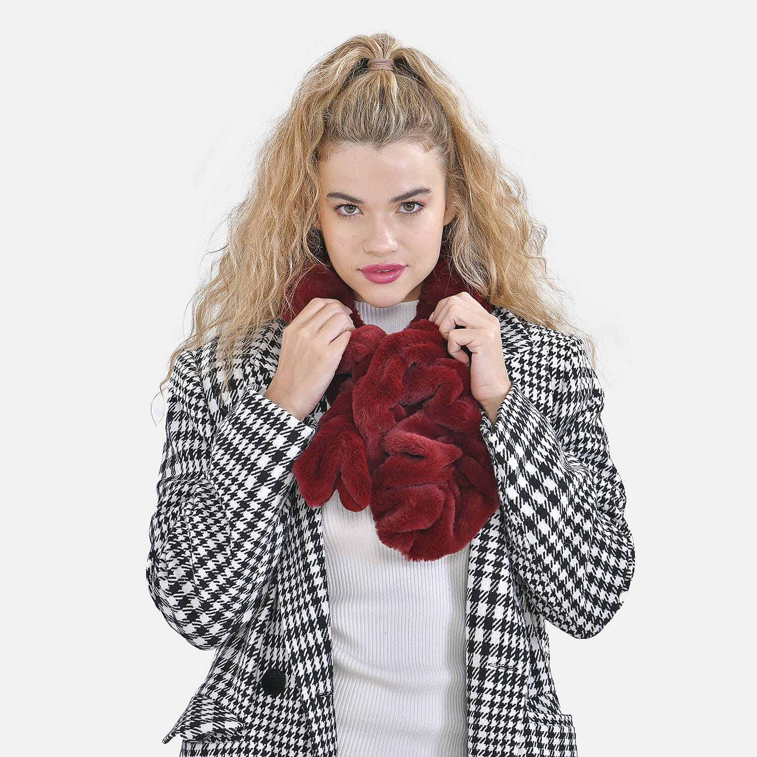 Closeout Deal - New Arrival Faux Fur Scarf (Size- One Size, 92x15cm) - Dark Red