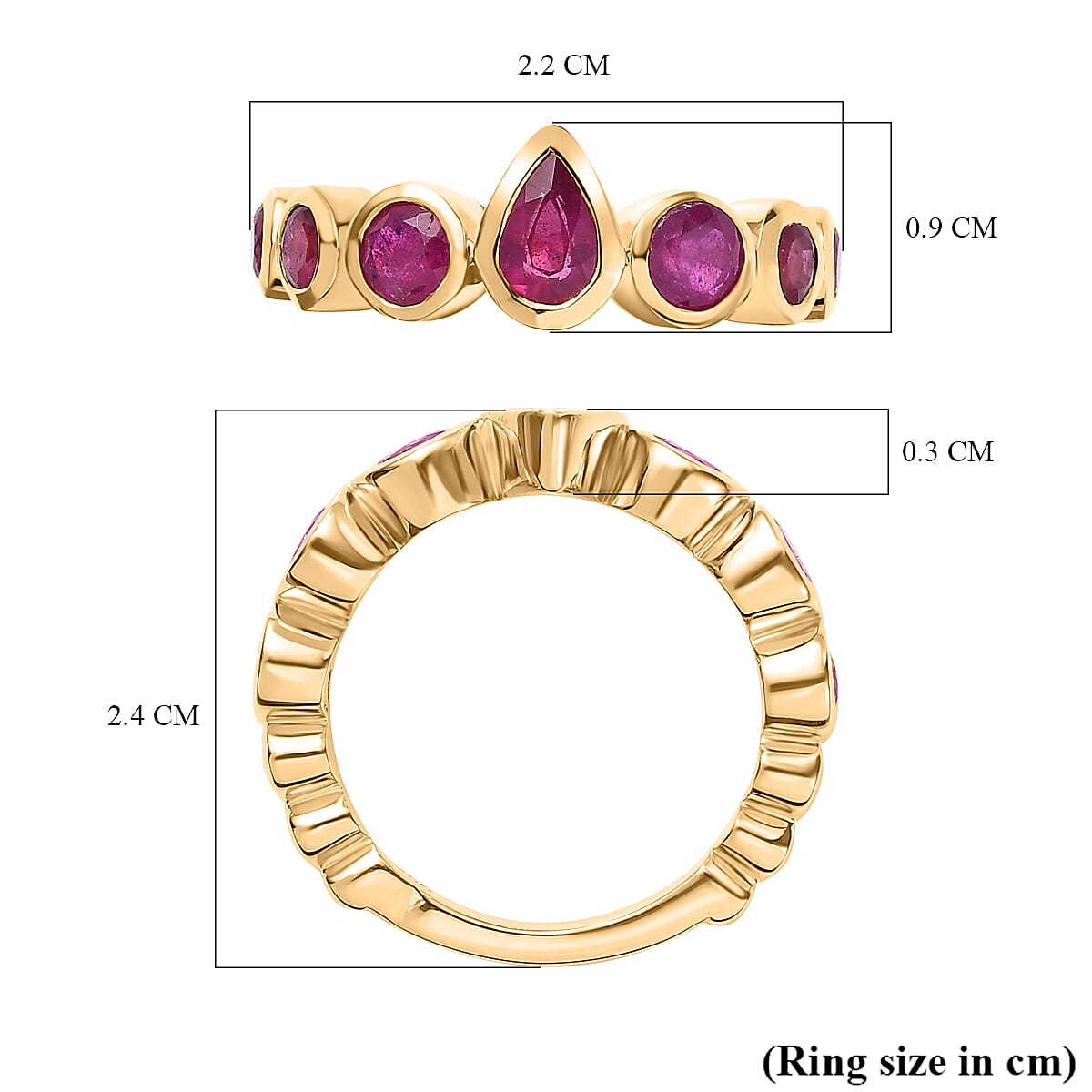 African Ruby 7 Stone Band Ring in 18K Vermeil Yellow Gold Plated Sterling Silver 2.50 Ct