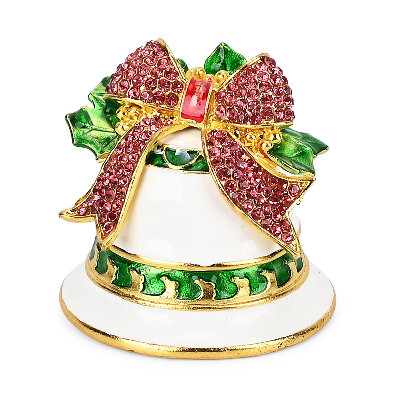 Christmas Bell Hand Painted Trinket Storage Box Enamelled With Sparkling Crystals - Green & Red
